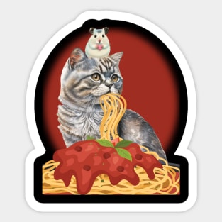 CUTE CAT EATING SPAGHETTI WITH GRATEFUL HAMSTER HOLDING A HEART Sticker